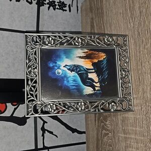 Framed Wolf Howling at the Moon 4x6  Art Print Pewter Floral Vine Frame Vintage